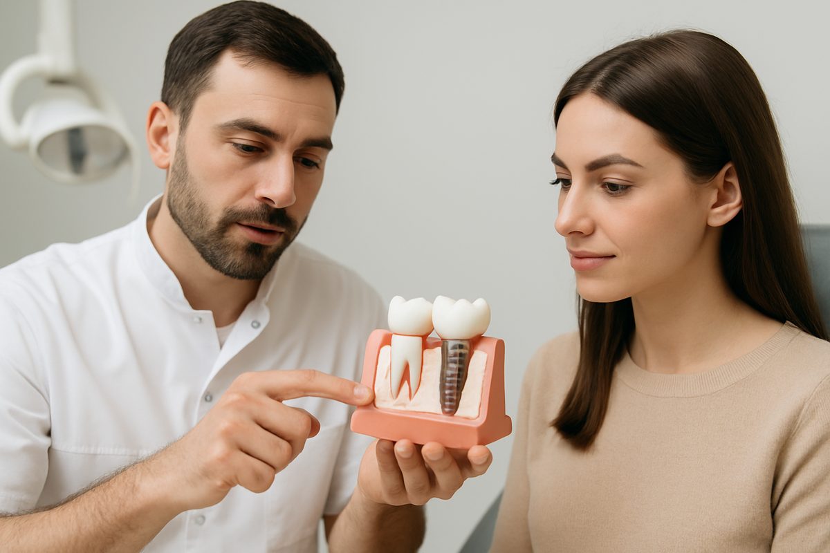 Image of a dentist explaining tooth extraction and replacement options to a patient, using a model of a jaw with implants. The dentist is pointing to the implant on the model, showing how it fits into the jawbone. No text on image.