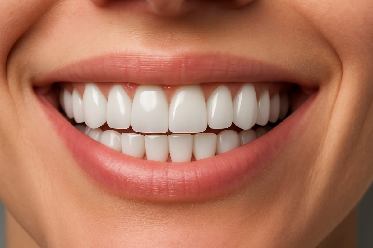 A close-up studio shot of a perfect smile, using dental implants, demonstrating how gaps between teeth can be fixed, with teeth that are straight, white, and evenly spaced. No text on image.