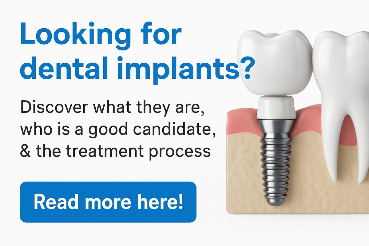 A dentist is explaining the dental implant process to a patient, using a model of a jaw with implants, crowns, and surrounding teeth. No text on the image.