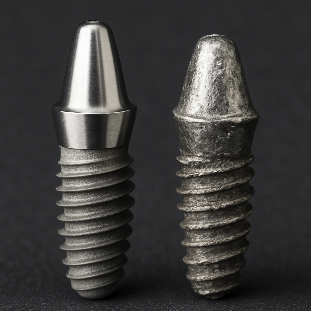 A close-up photo contrasting a high-quality dental implant with a low-quality one, with the high-quality implant appearing sturdy and well-crafted, and the low-quality implant showing visible flaws and signs of wear. No text on the image.