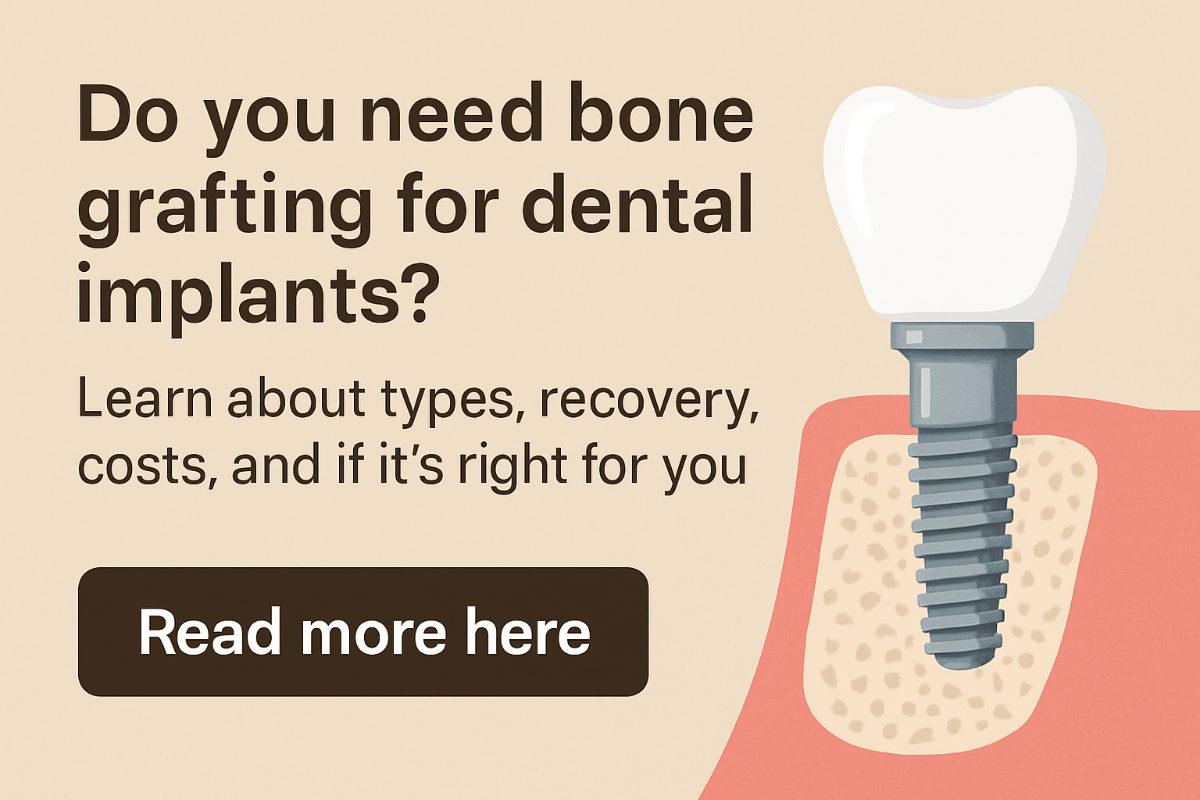 A close up x-ray of a jaw, with a bone graft circled, ready for a dental implant to be placed. No text on image.