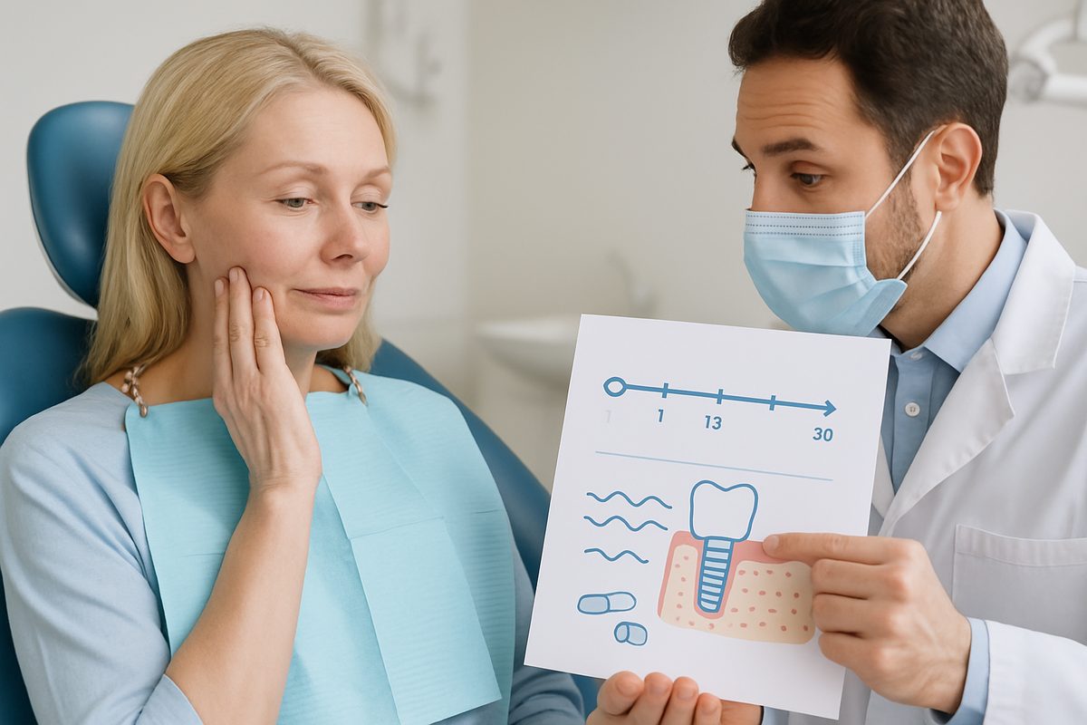 Image of a patient in a dental chair, post-tooth implant surgery, with a dentist explaining post-operative care instructions, emphasizing a timeline for recovery and tips for managing swelling and pain. No text on image.