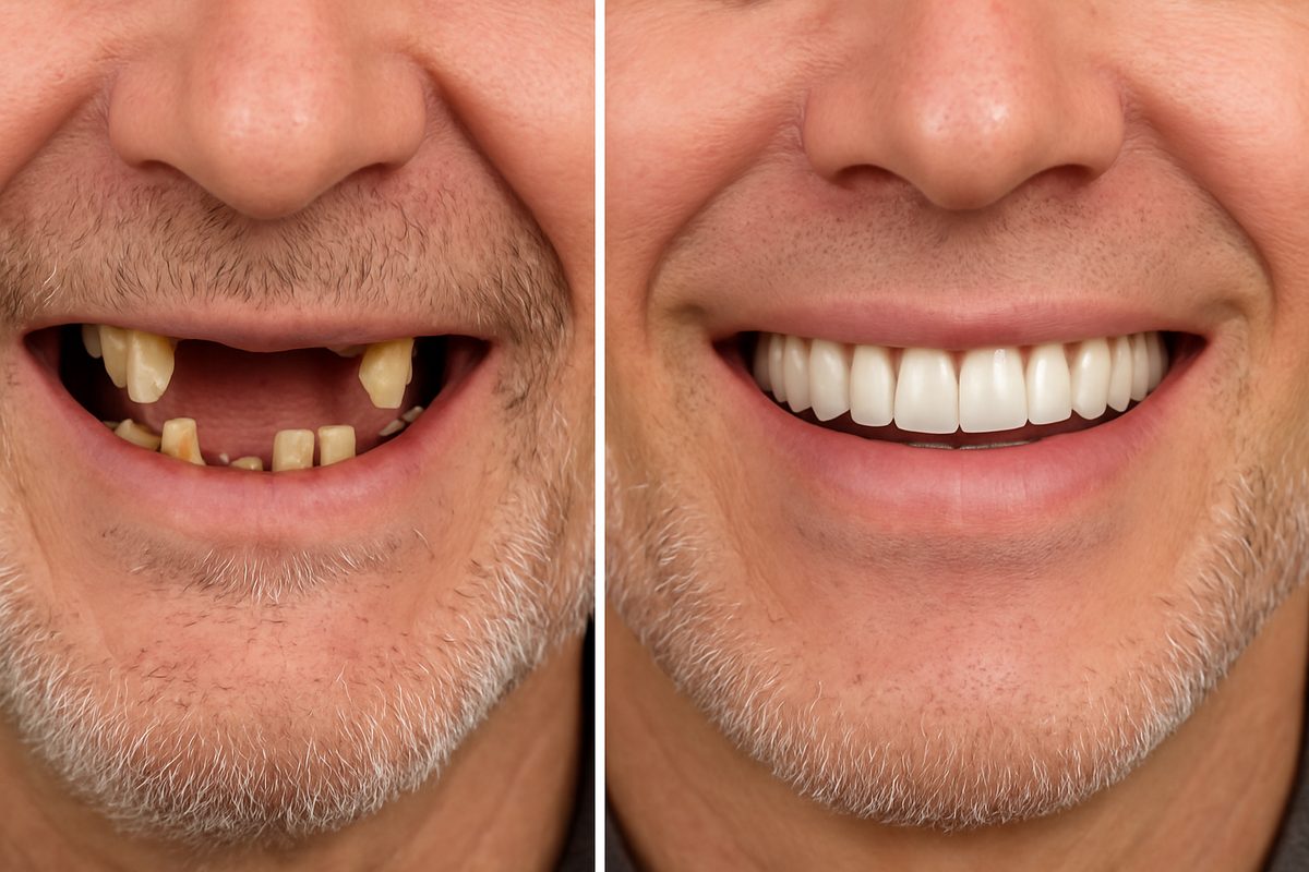 Image showcasing a before-and-after transformation of a patient's smile with a full set of dental implants. The "before" side shows missing or damaged teeth, while the "after" side displays a complete, natural-looking set of teeth. No text on image.