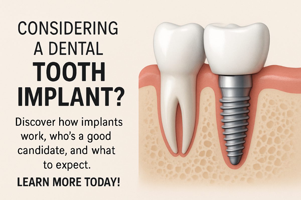 A close up of a dentist inserting a titanium post into a patient's jaw, with other tools in the background. The text overlayed on the image reads "Everything you need to know about dental implants".