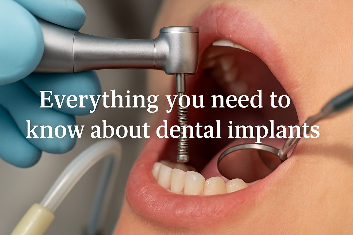 A close up of a dentist inserting a titanium post into a patient's jaw, with other tools in the background. The text overlayed on the image reads "Everything you need to know about dental implants".