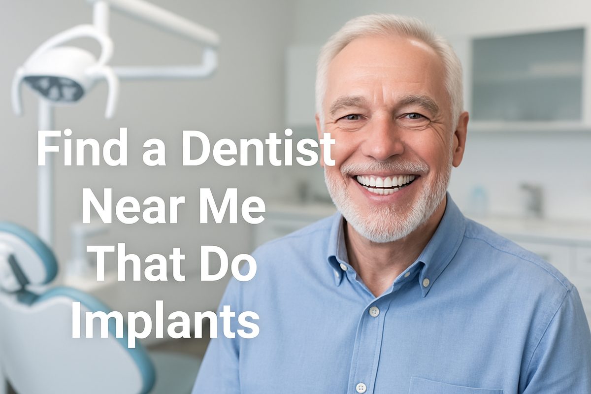 A mature man is happily smiling, revealing a full set of brand new, perfect teeth, implying he recently received dental implants. The background will feature a modern dental office setting, and text overlay will read "Find a Dentist Near Me That Do Implants".