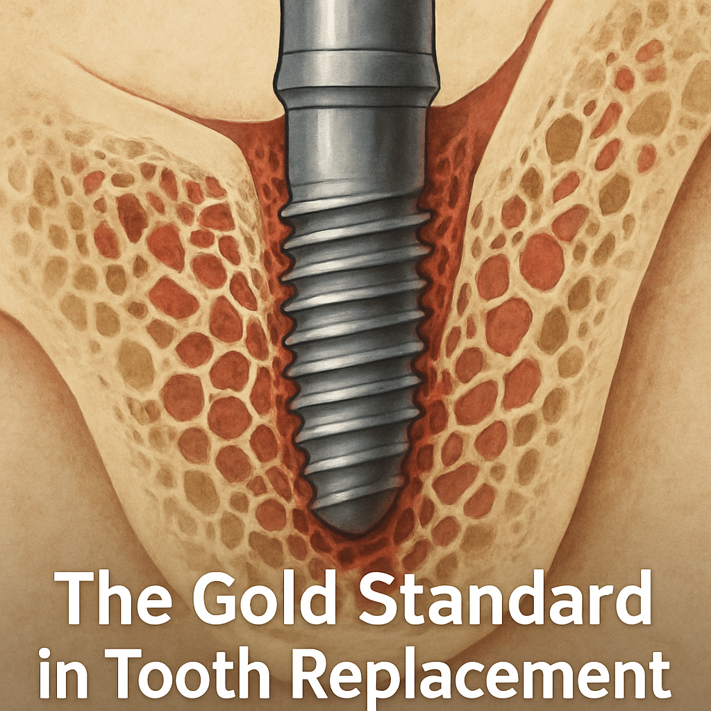 Close-up animated view of a titanium tooth implant post integrating into a human jaw bone, promoting osseointegration, with the text "The Gold Standard in Tooth Replacement".