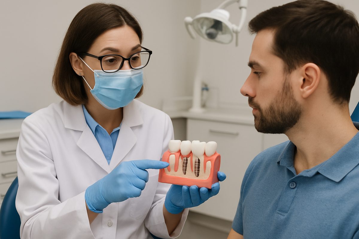 Image of a dentist explaining a whole mouth dental implant procedure to a patient, using a model of a jaw with implants. No text on image.