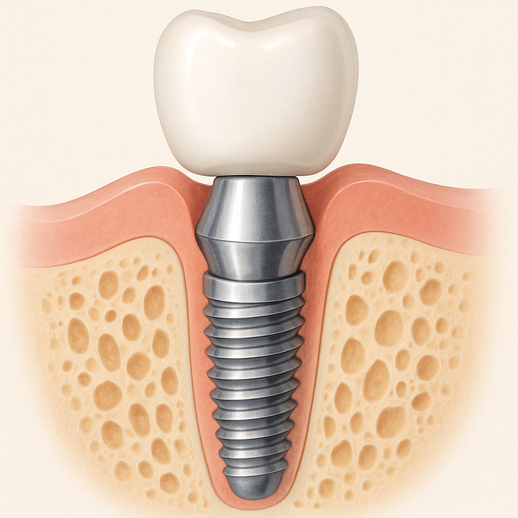 A close-up diagram of an upper dental implant, showing the titanium post, abutment, and crown, with labeled parts and surrounding jawbone. No text on the image.