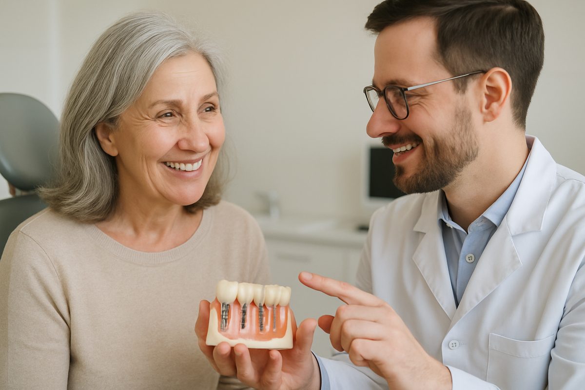 Photo of a smiling, mature woman talking with a dentist about dental implants. The dentist is gesturing to a model of a jaw with implants in place. No text on the image.