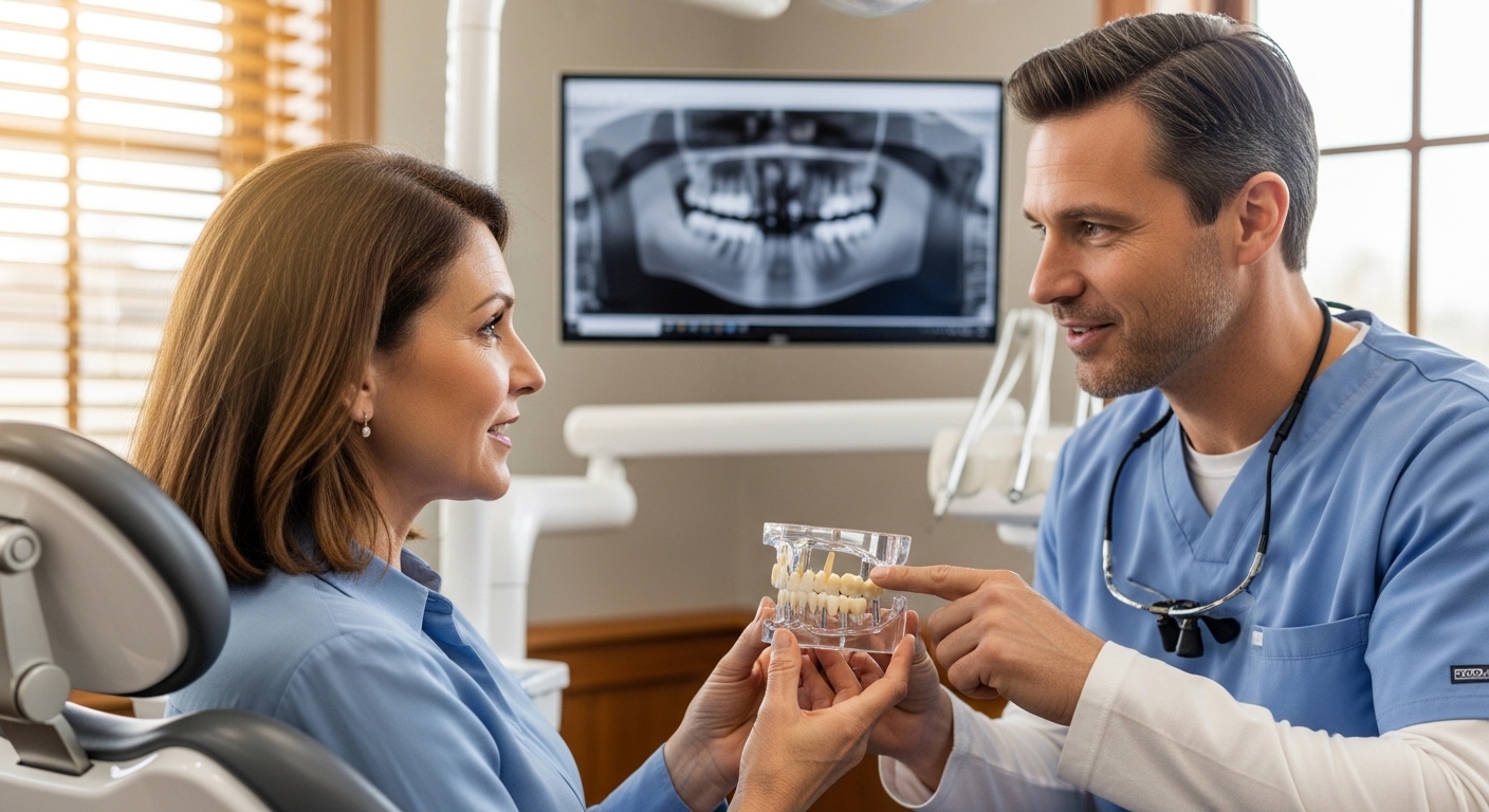 Patient and dentist discussing tooth implants in a Concord dental office.