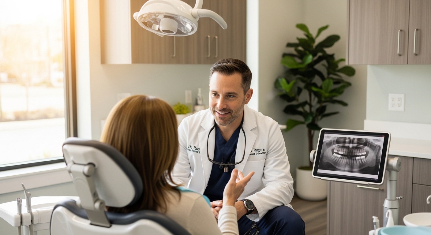 Dr. Rogers consulting with a patient in a modern Concord dental office