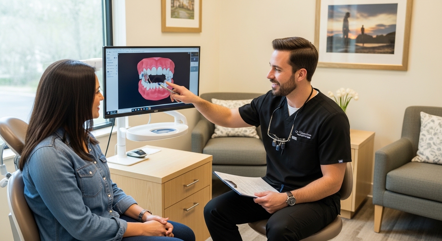 Dr. Rogers consulting with a patient in a modern dental office.
