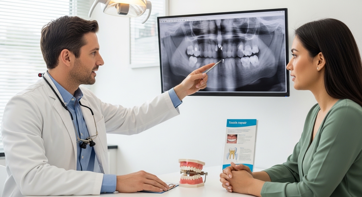 Dentist consulting patient about chipped tooth repair